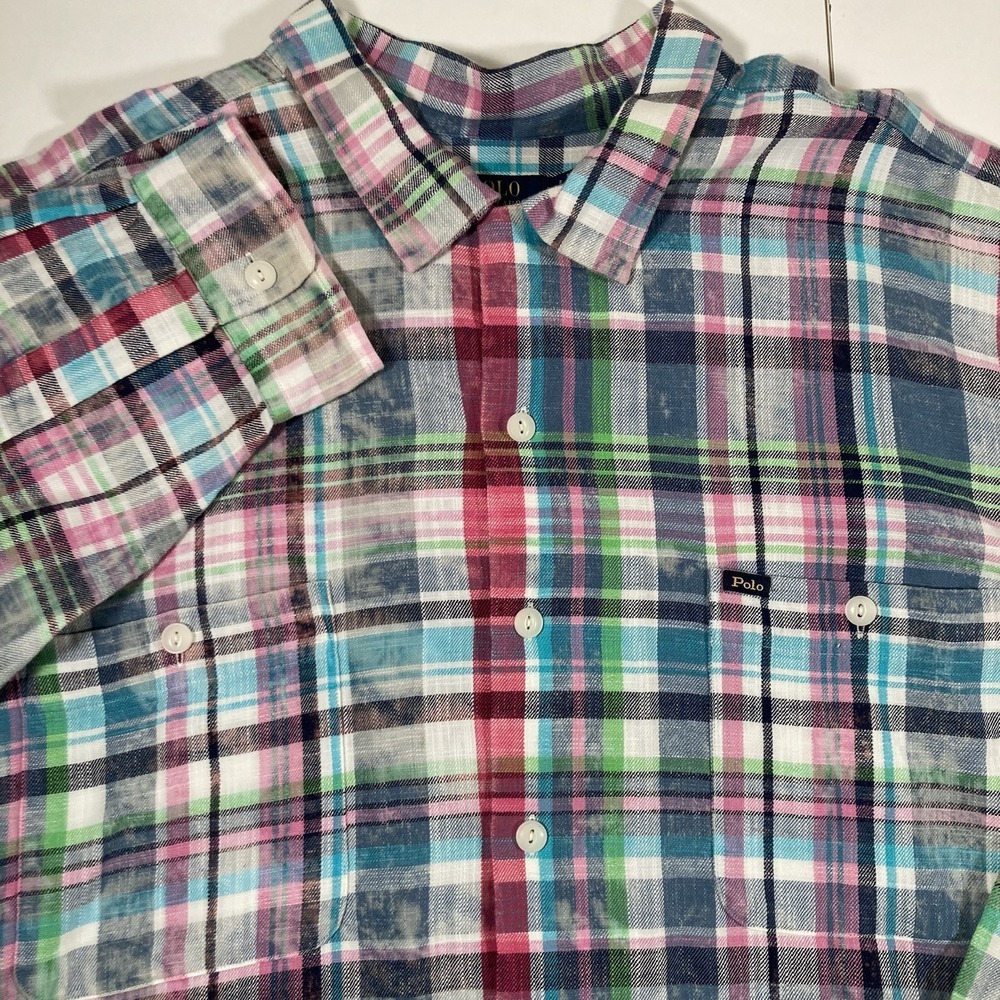 Polo Ralph Lauren Sport Camp Shirt 3XB Big Multi Color Plaid Loop Collar